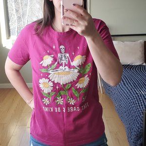 Messy Buns Lazy Days pink floral skeleton graphic tee shirt